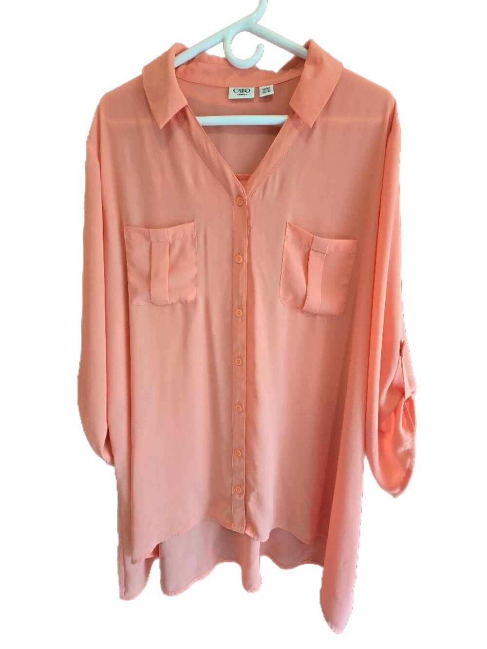 Cato Woman 22/24W Polyester Sheer Peachy-Orange 3/4 Sleeve Button Up Blouse